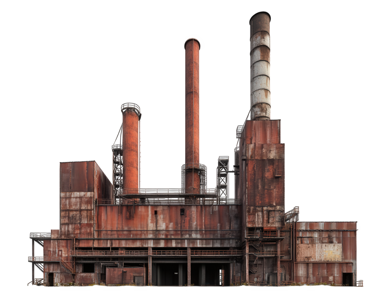 An old factory with chimneys and smoke stacks png