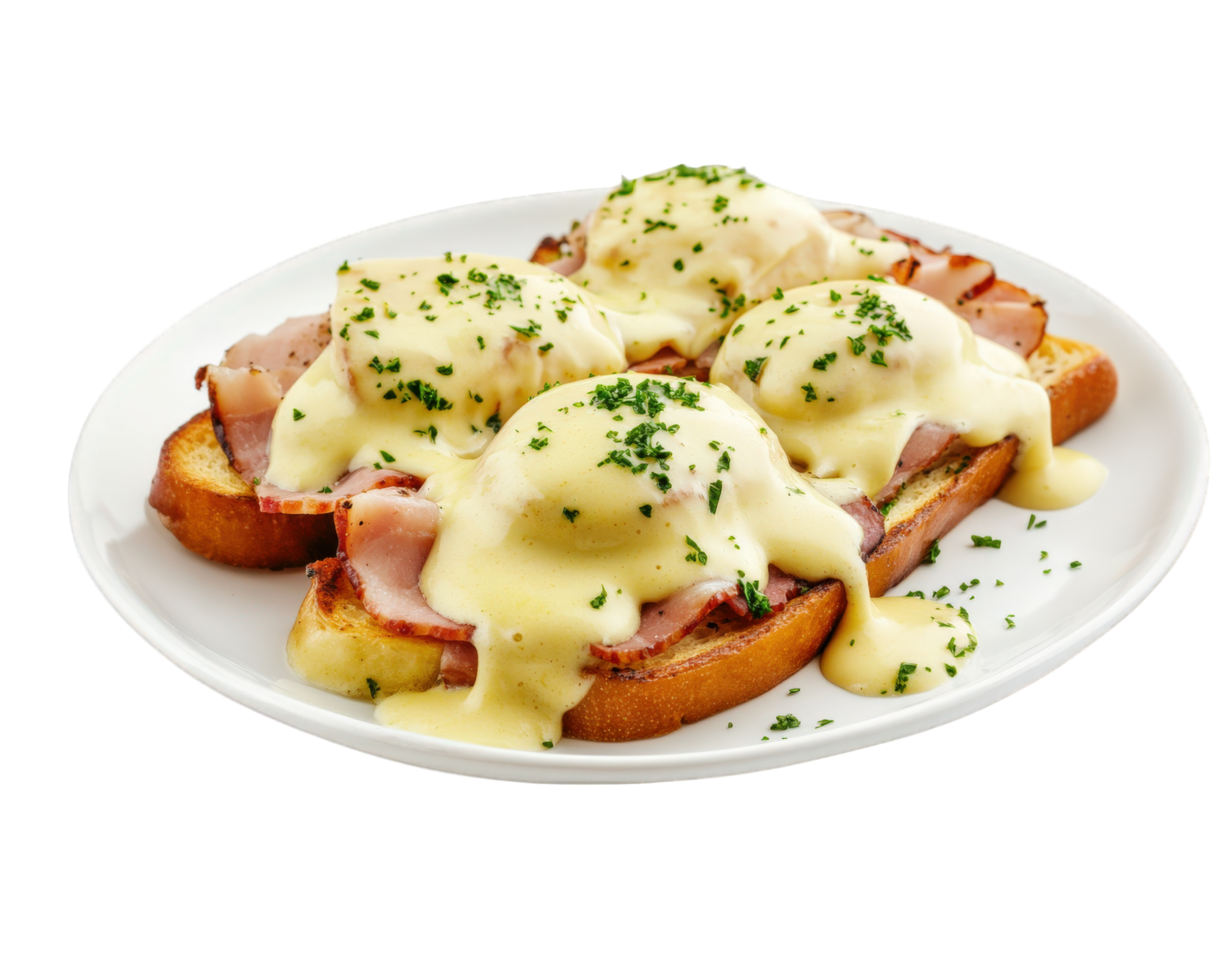 Eggs benedict with ham and cheese png
