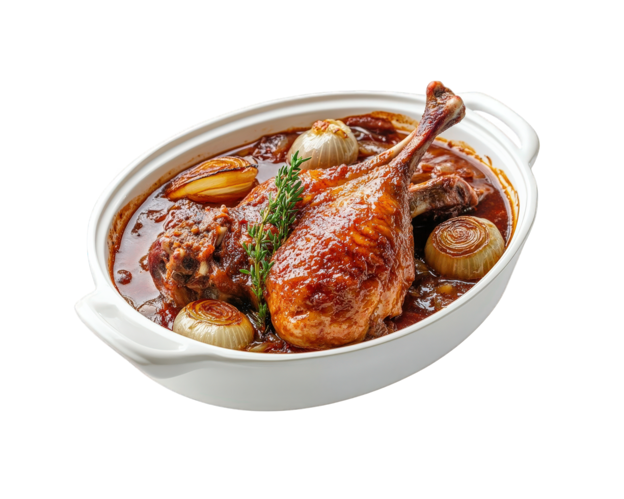A dish of meat and vegetables in a white dish png