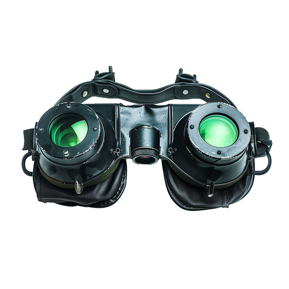 Vintage Military Night Vision Goggles with Green Lenses and Leather Straps png