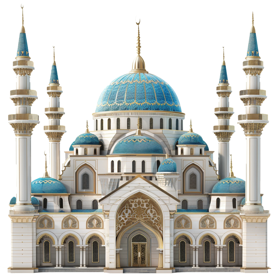 Stunning Architectural Design of a Grand Mosque with Blue Domes and Golden Accents png