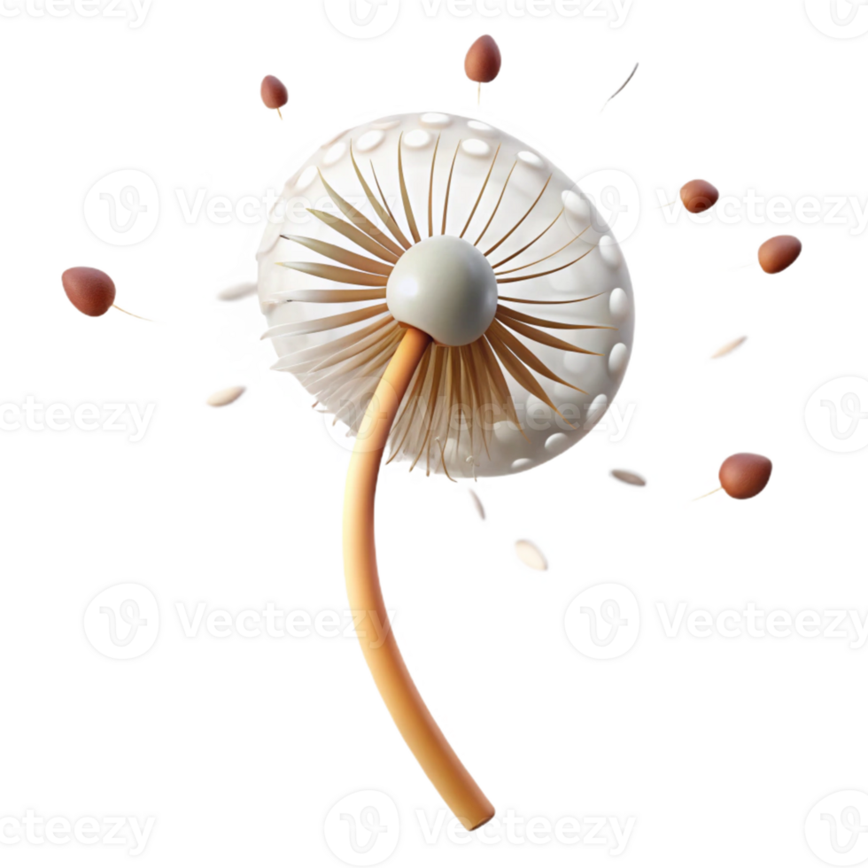 extraordinary rustic A single dandelion seedhead with seeds blowing in the wind, soft lighting, whimsical style high quality png