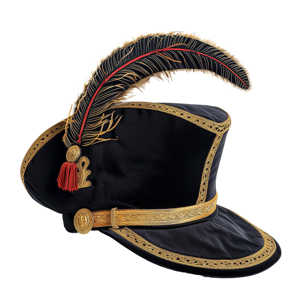 Elegant Black Velvet Hat with Gold Braid and Feather Decoration png