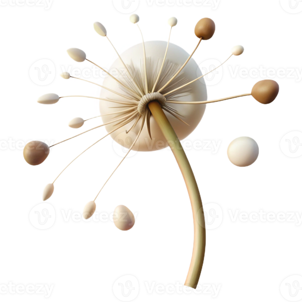 vibrant vintage A single dandelion seedhead with seeds blowing in the wind, soft lighting, whimsical style exclusive png