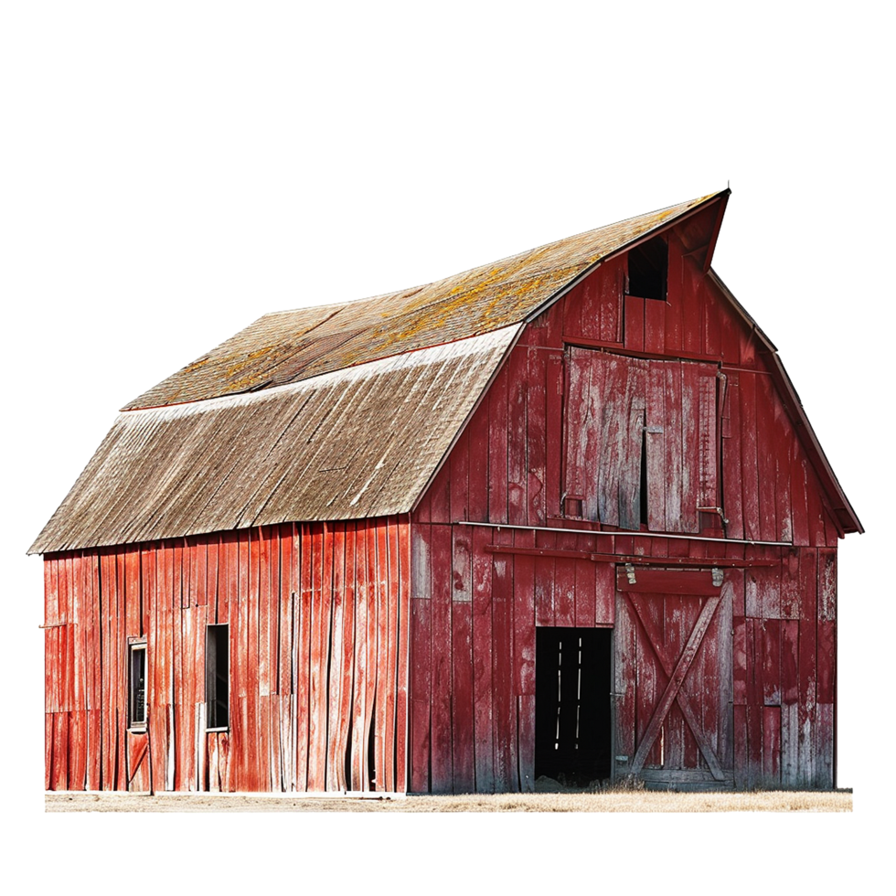 A weathered red barn stands in a field on a sunny day, showing its age and character with faded paint and damaged wood png