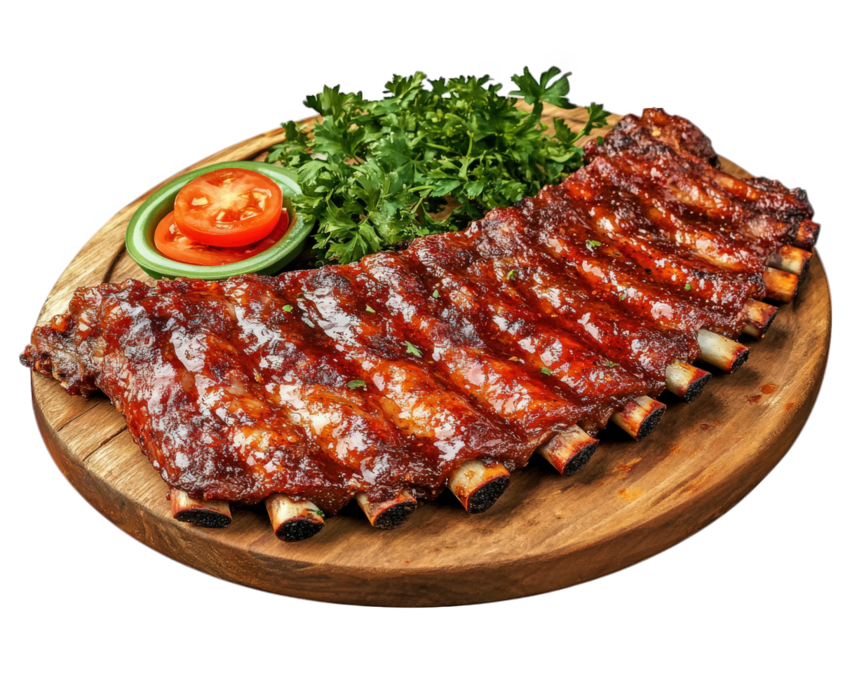 A plate of ribs with a side of vegetables png