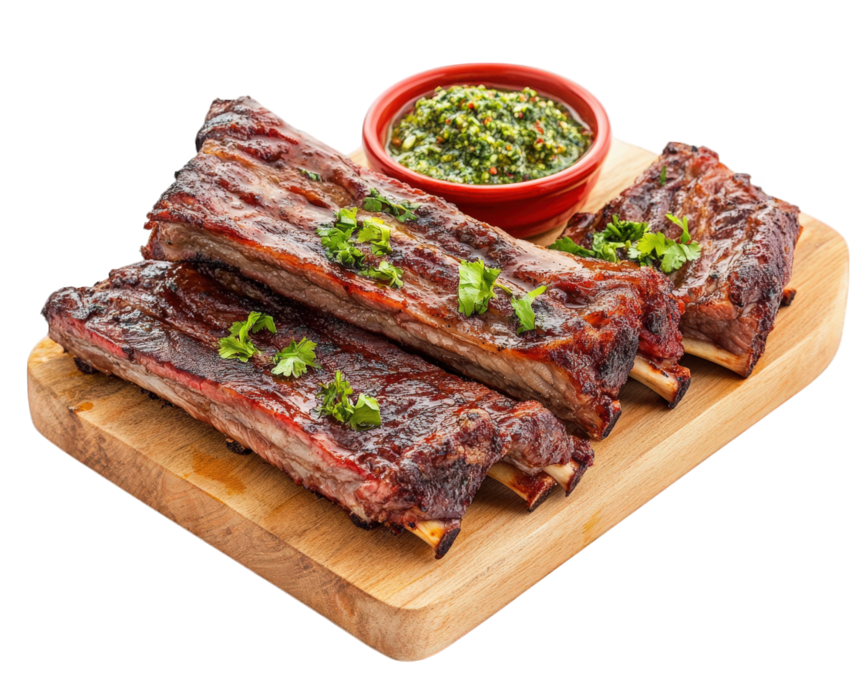 Ribs with sauce and green sauce on a cutting board png