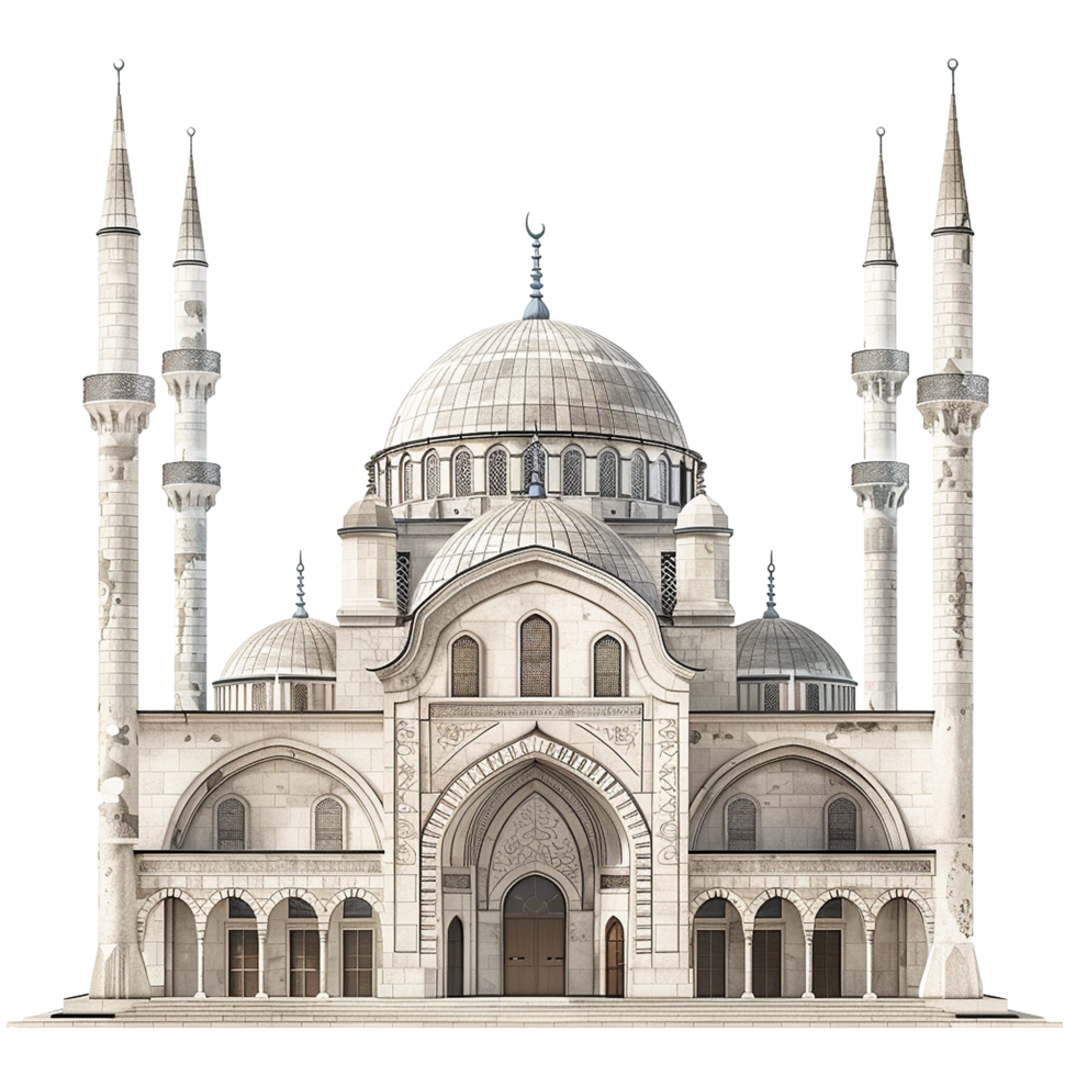Architectural rendering of a magnificent mosque with four minarets and a large central dome png
