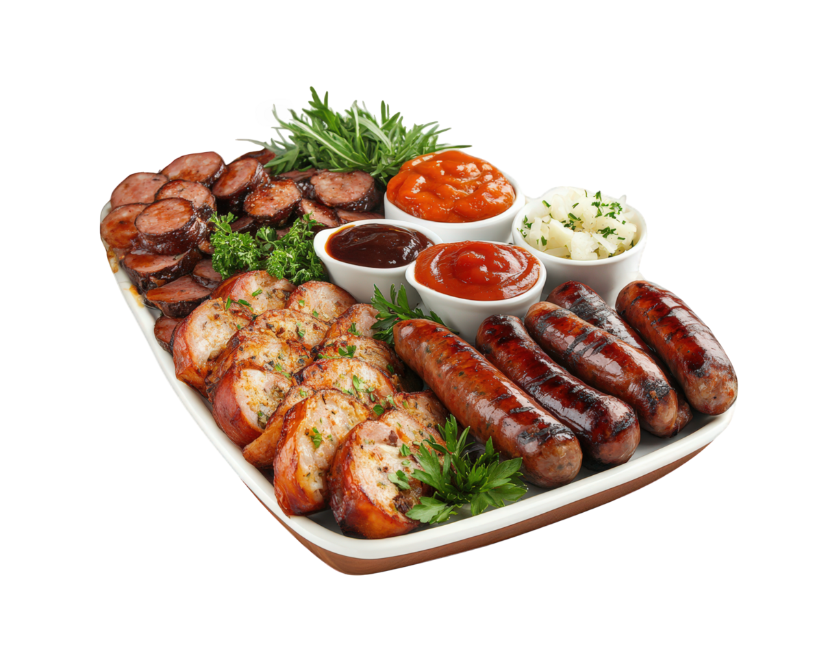 A platter of sausages, meat and sauces png