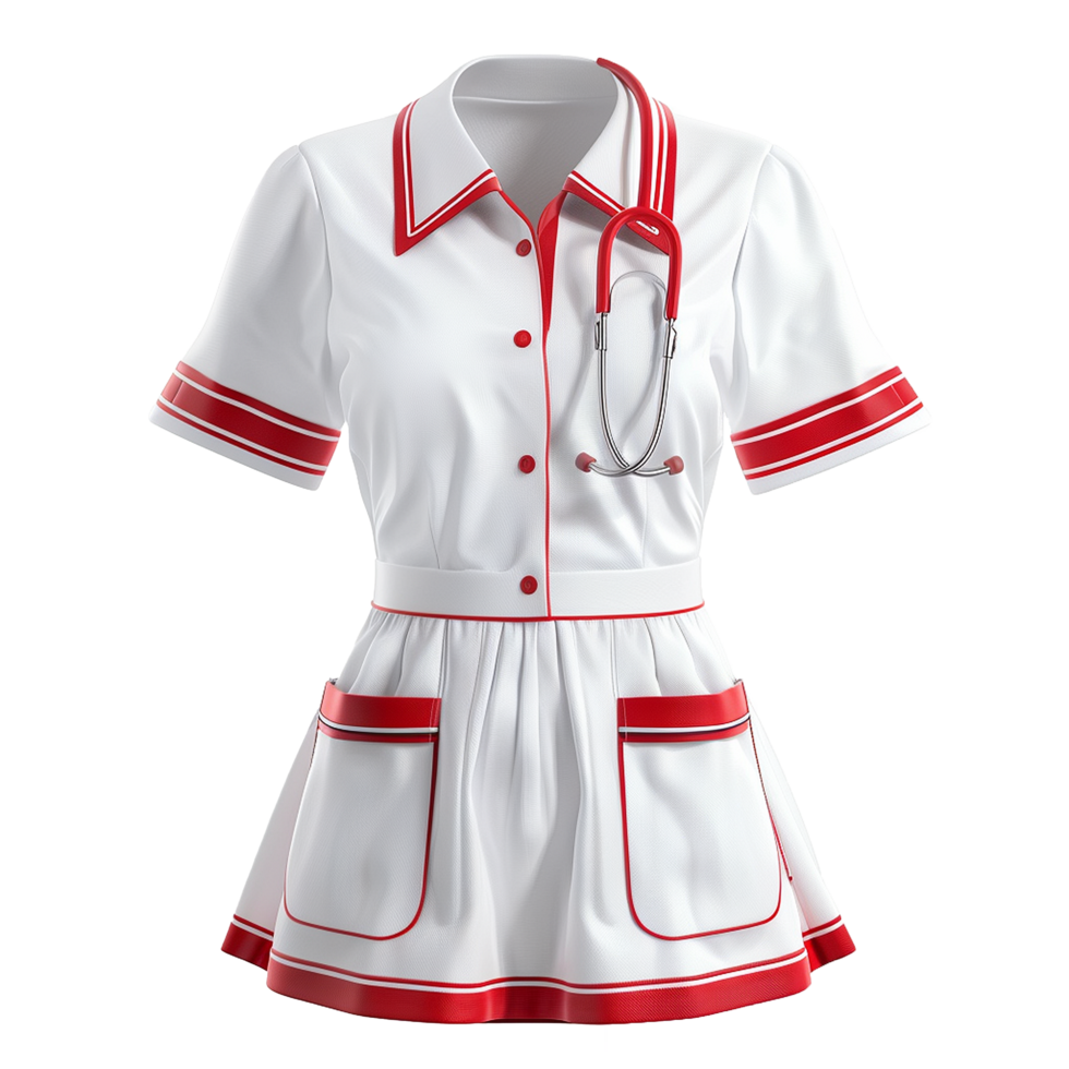 Classic Retro Nurse Uniform Dress with Red Accents and Stethoscope png