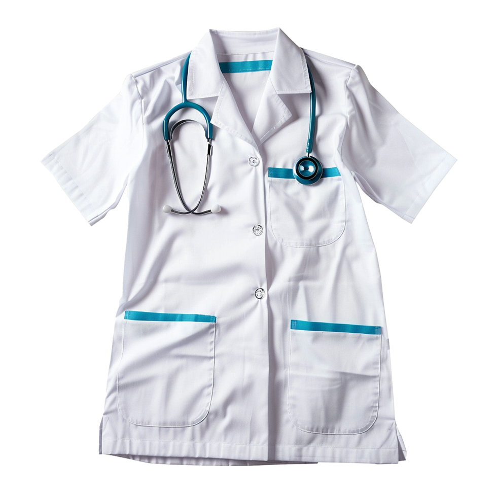 Clean White Doctors Lab Coat with Teal Accents and Stethoscope png