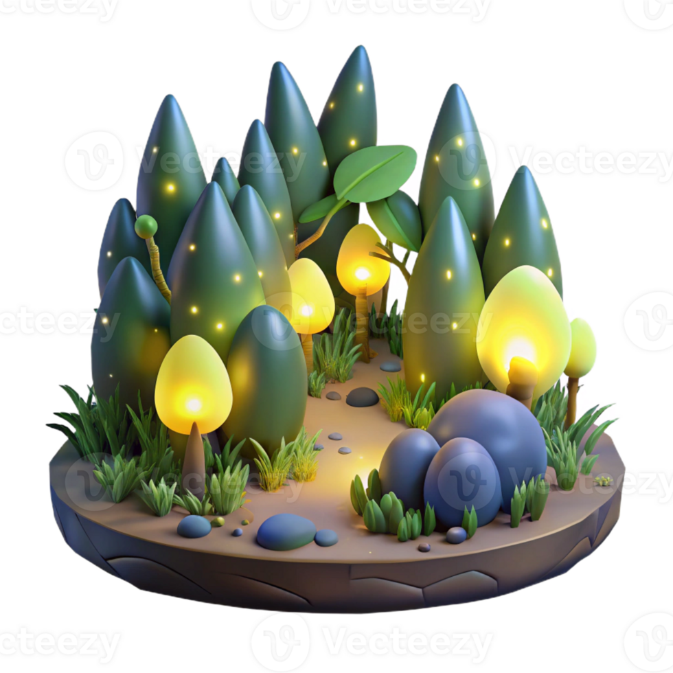 magnificent contemporary A group of fireflies illuminating a dark forest, bioluminescent light, magical realism style authentic png