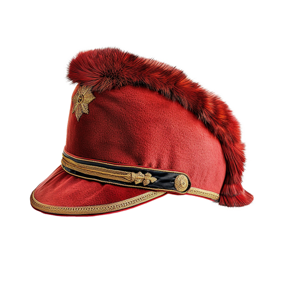 Ornate Red Military Hat with Fur and Gold Accents A Detailed View of Historical Headwear png