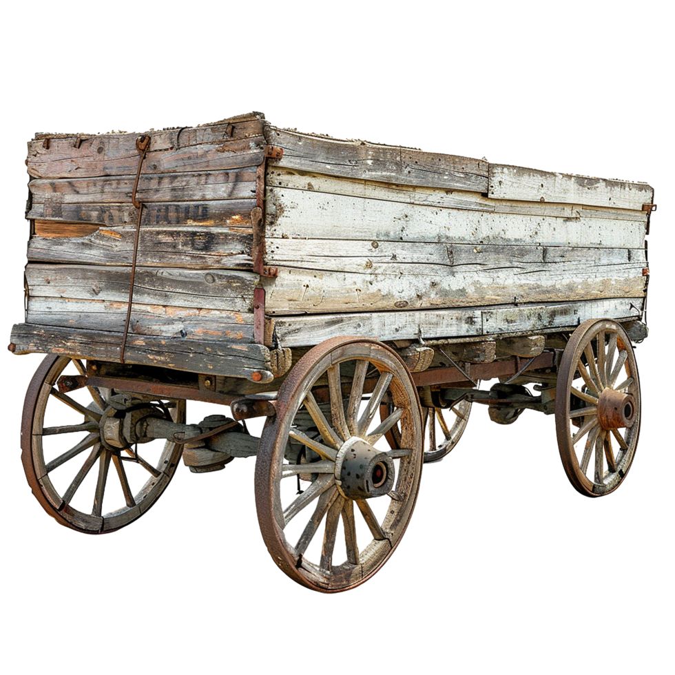A Antique Rustic Wooden Farm Wagon Cart with Spoked Wheels png