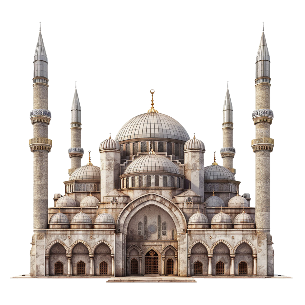 Magnificent Architectural Render of a Grand Mosque with Multiple Domes and Minarets png