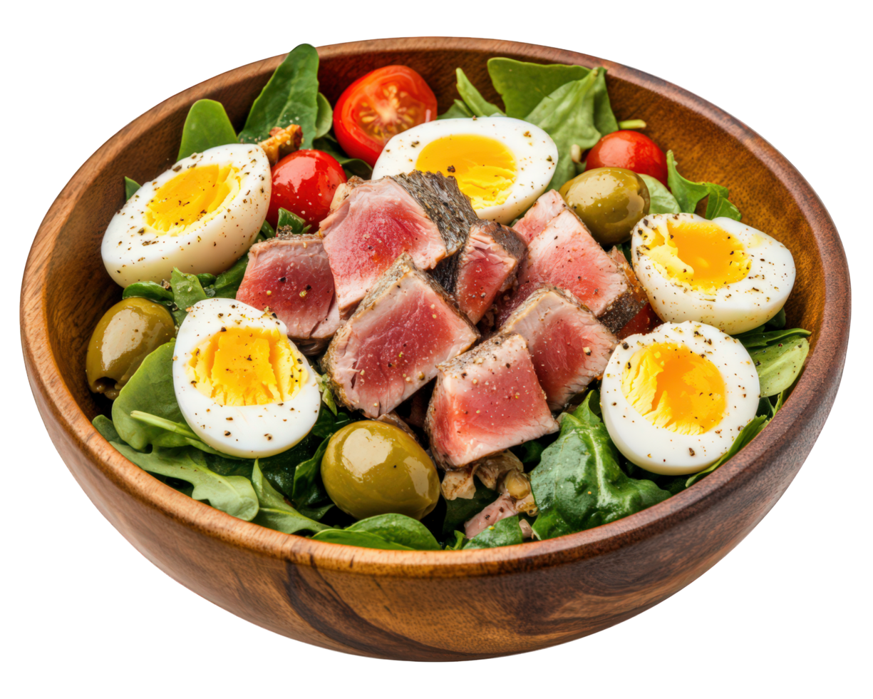 A bowl of salad with tuna, eggs and spinach png