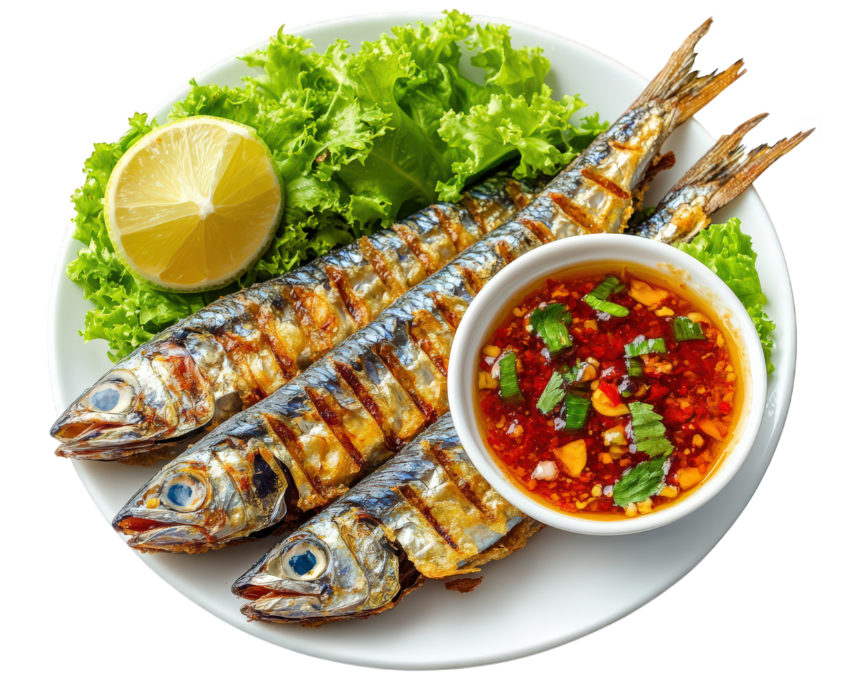 Grilled fish with sauce and lettuce on a plate png