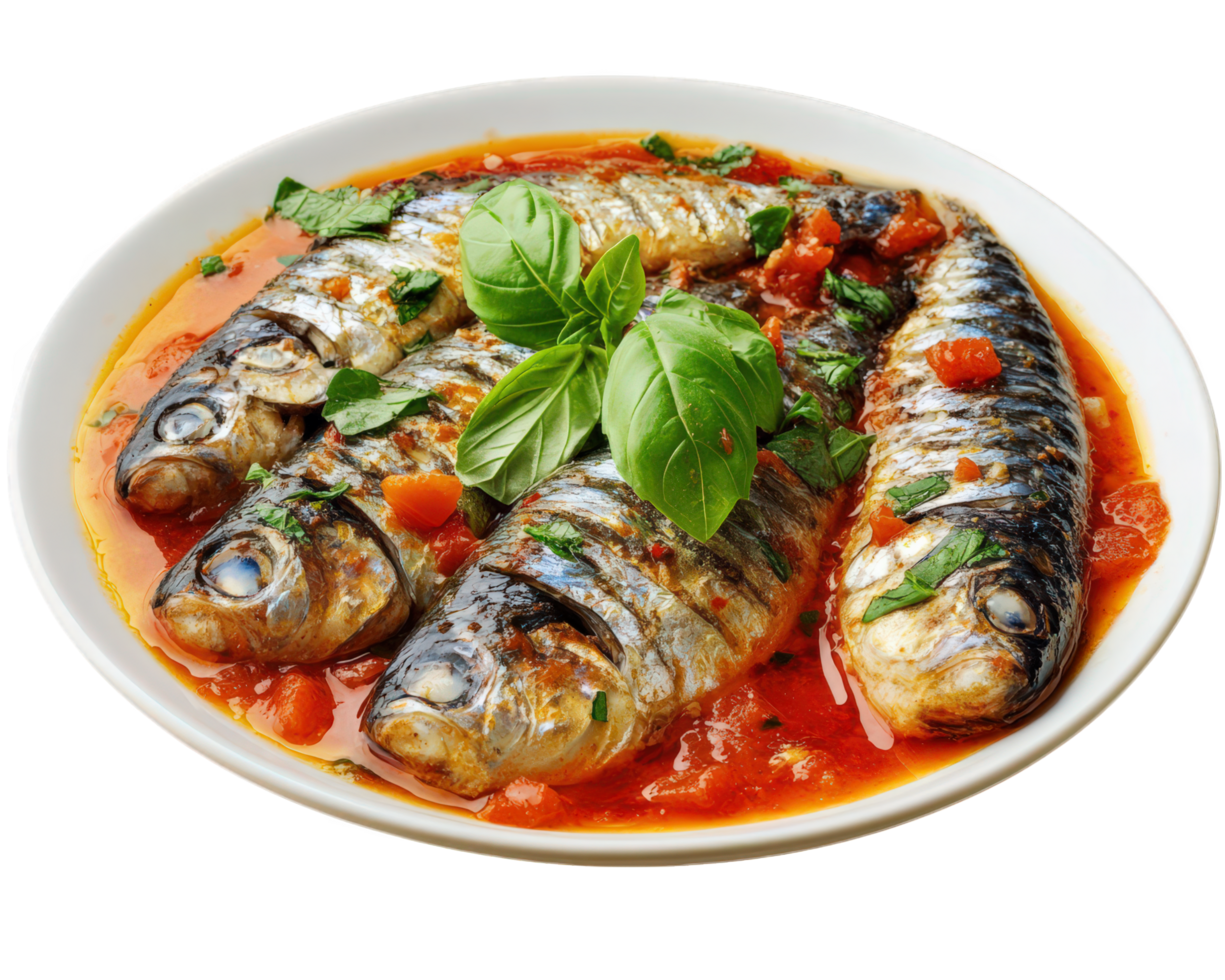 Fish in tomato sauce with basil leaves png