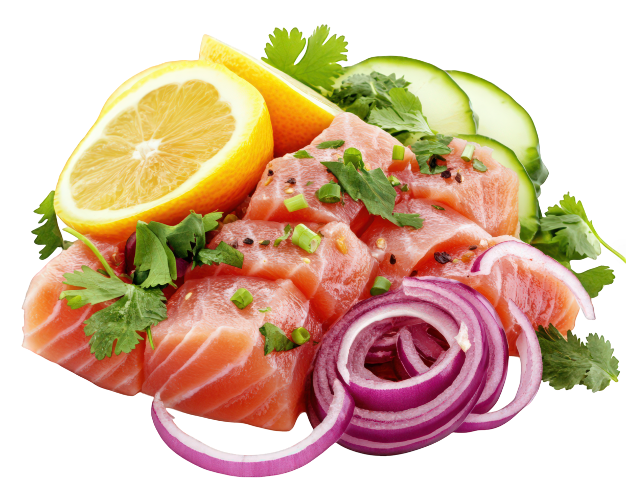 Salmon, cucumber, onion and lemon on a black background png