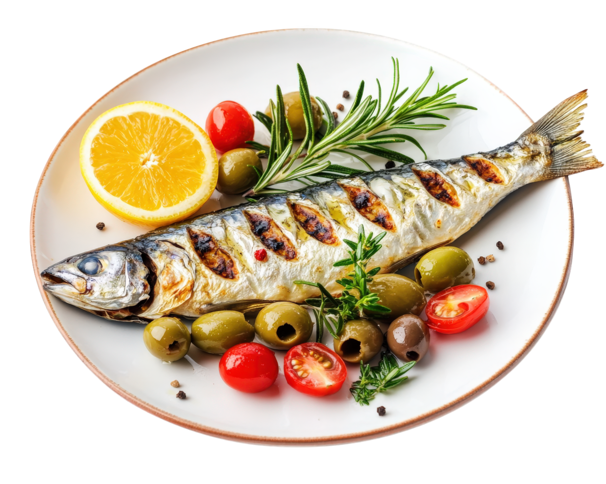 Grilled fish with olives and tomatoes on a plate png