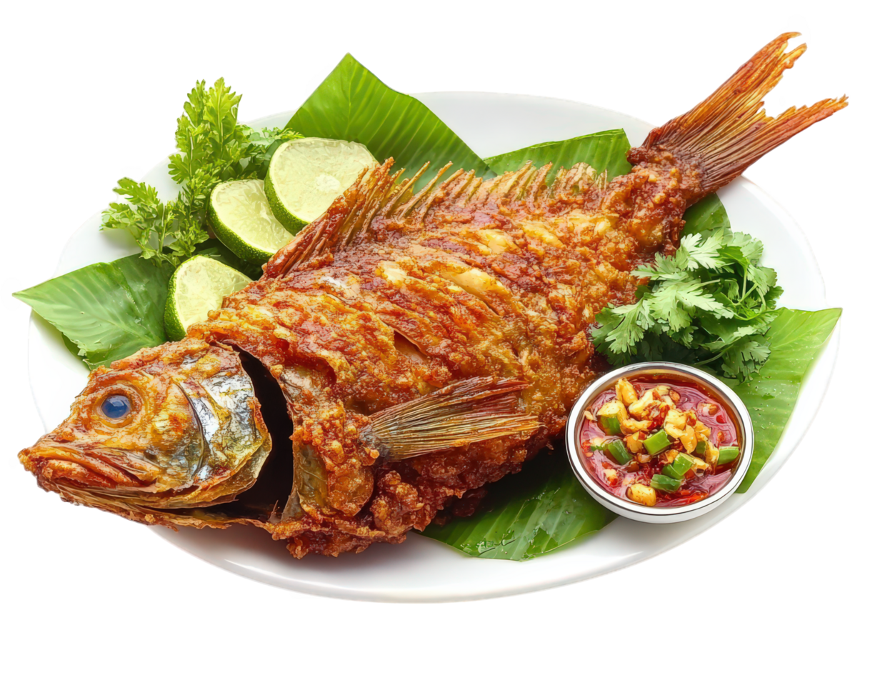 A large fish is sitting on a plate with a side of sauce png
