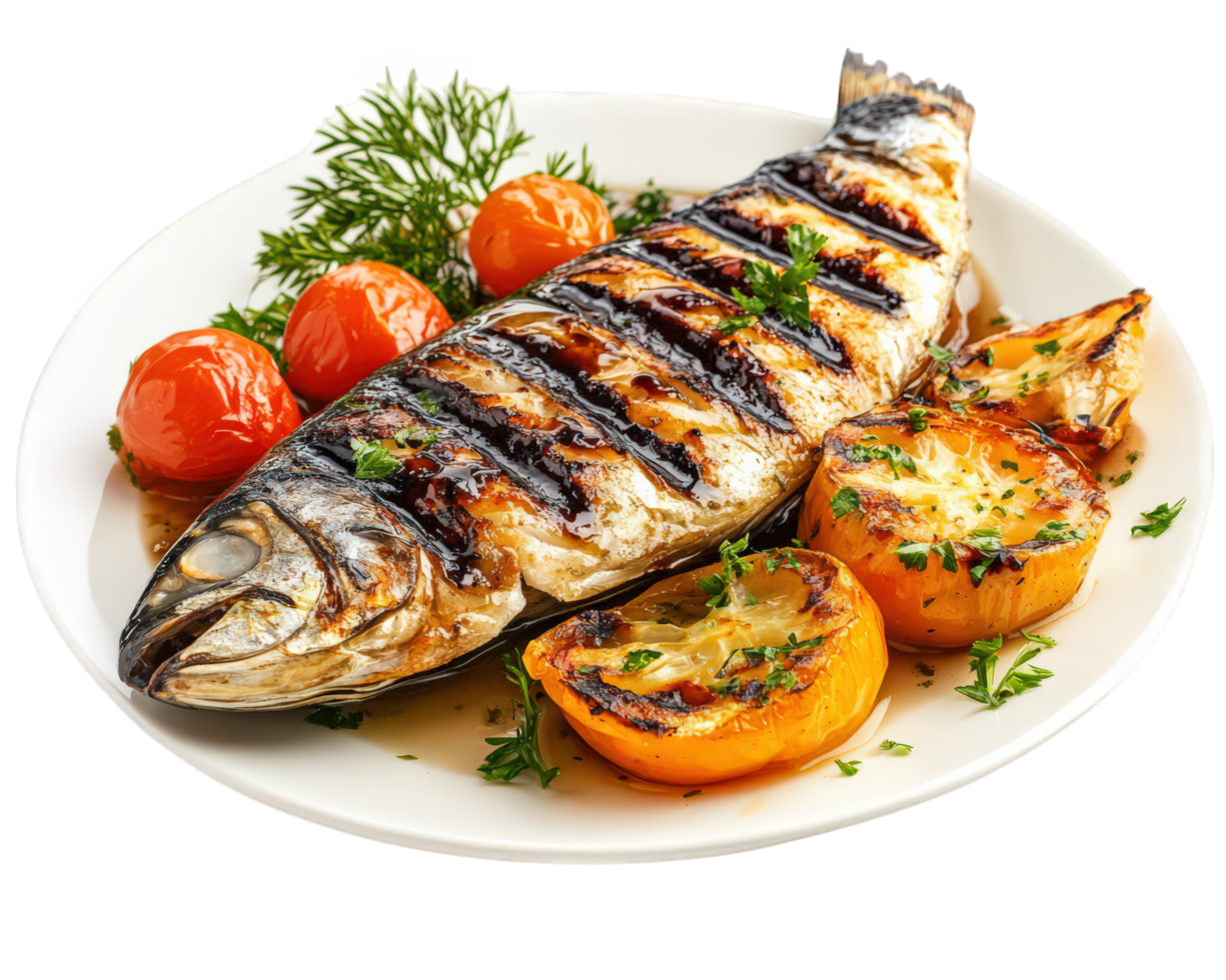 Grilled fish with tomatoes and herbs on a plate png