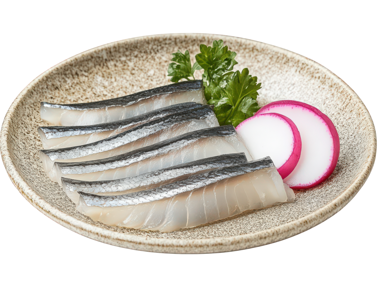 Sliced sardines on a plate with radishes png