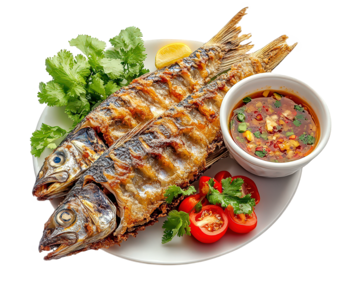 Grilled fish with sauce and vegetables on a plate png