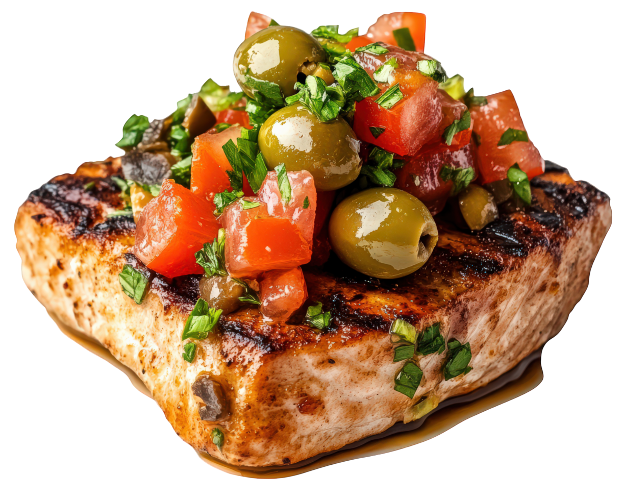 Grilled salmon with olives and tomatoes png