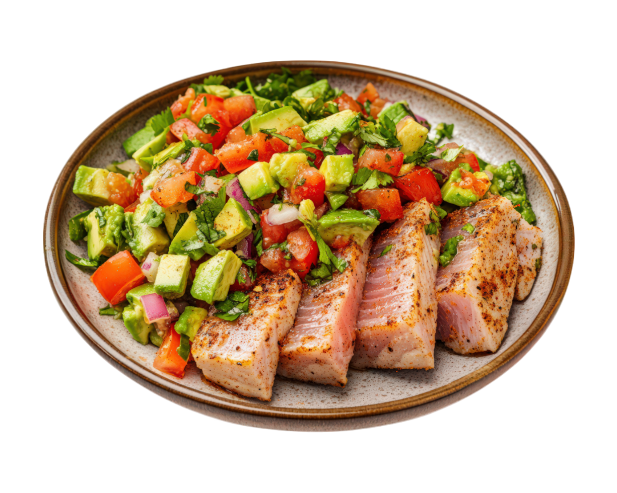 A plate of steak with avocado and tomato salad png