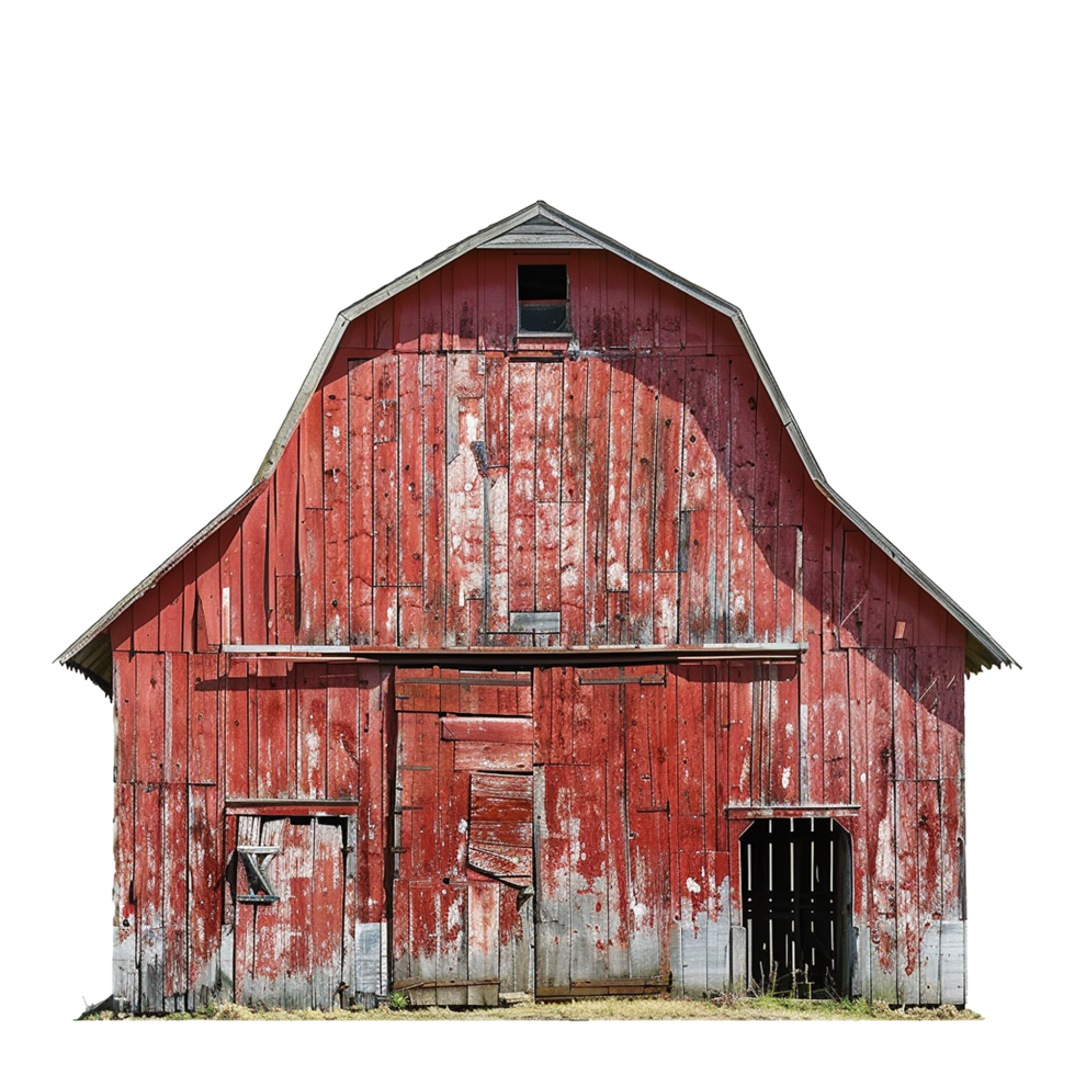 A weathered red barn stands tall against a bright sky, showcasing its aged beauty and rustic charm png