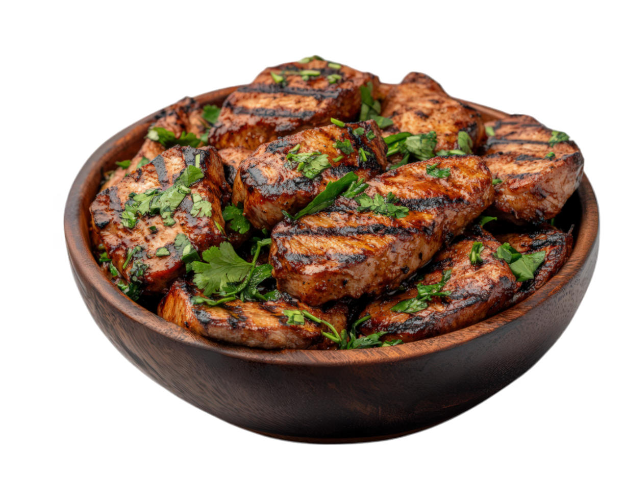 Grilled chicken in a wooden bowl on a black background png