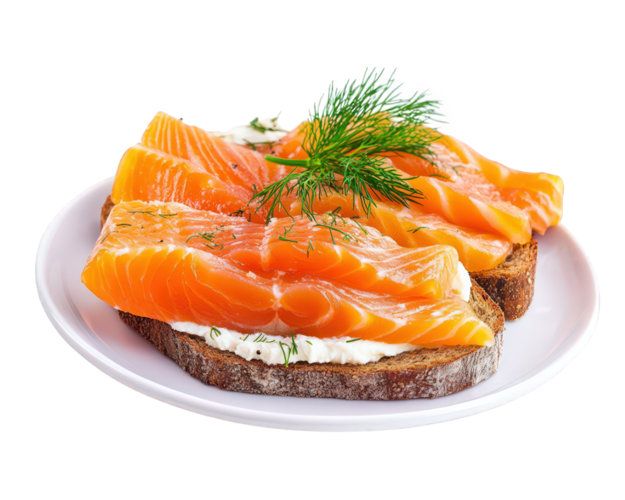 A plate with salmon and cream cheese on it png