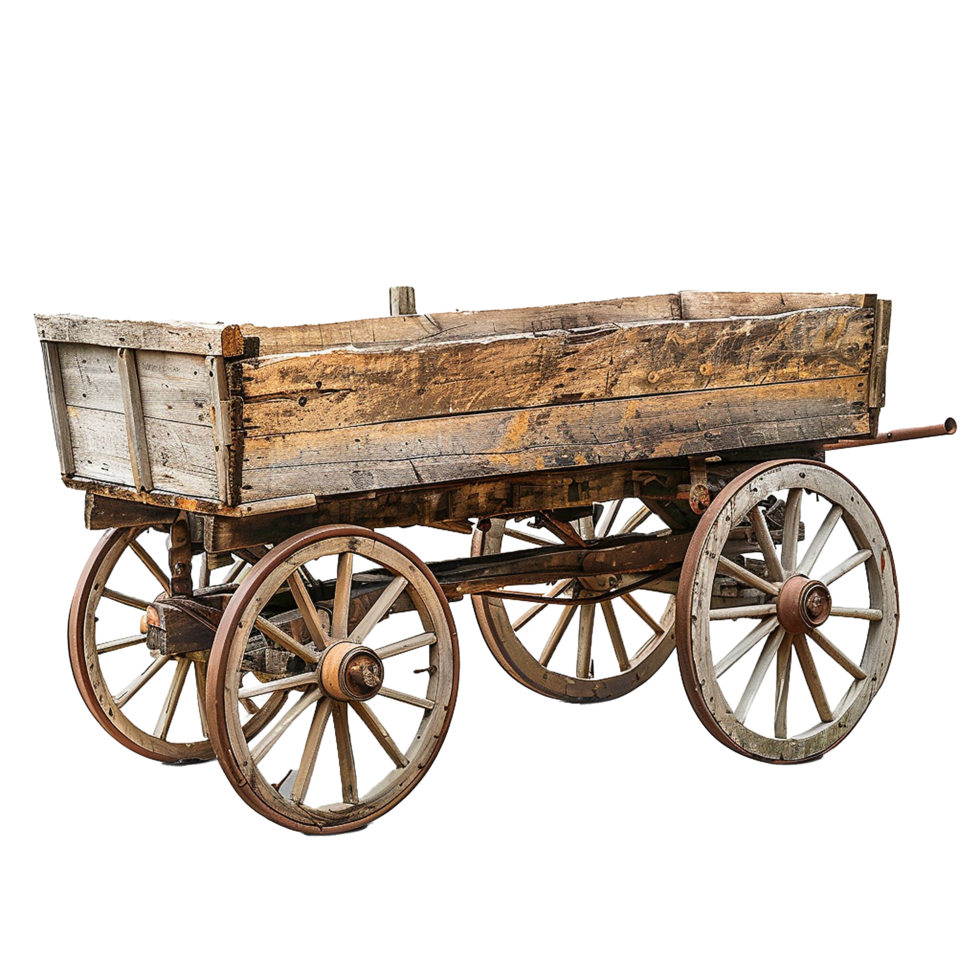Antique Wooden Farm Wagon with Spoked Wheels Old Weathered Cart png