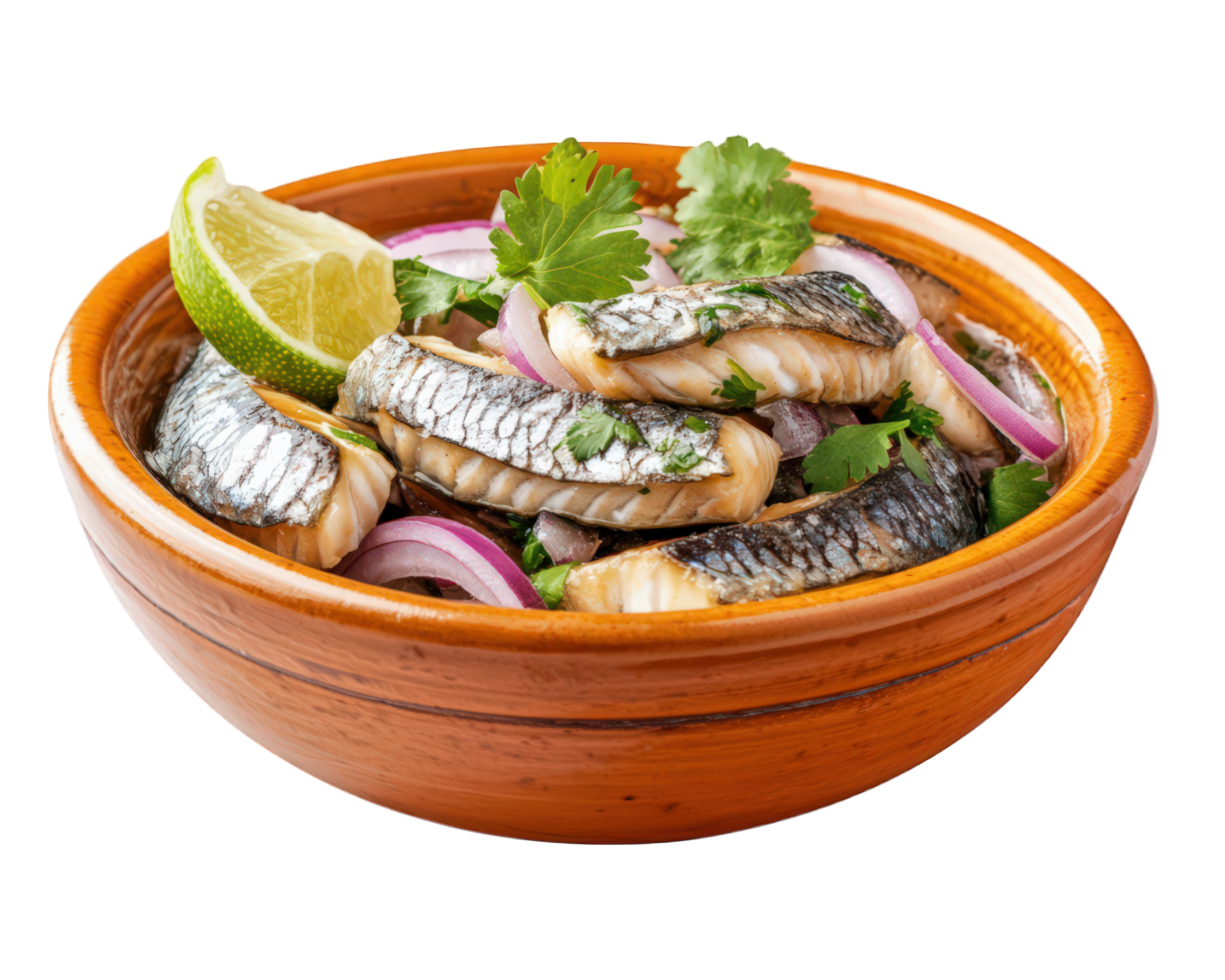 A bowl of sardines with onions and lime png
