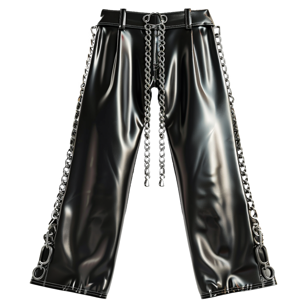 Stylish Black Leather Pants with Decorative Chains A Fashion Statement png