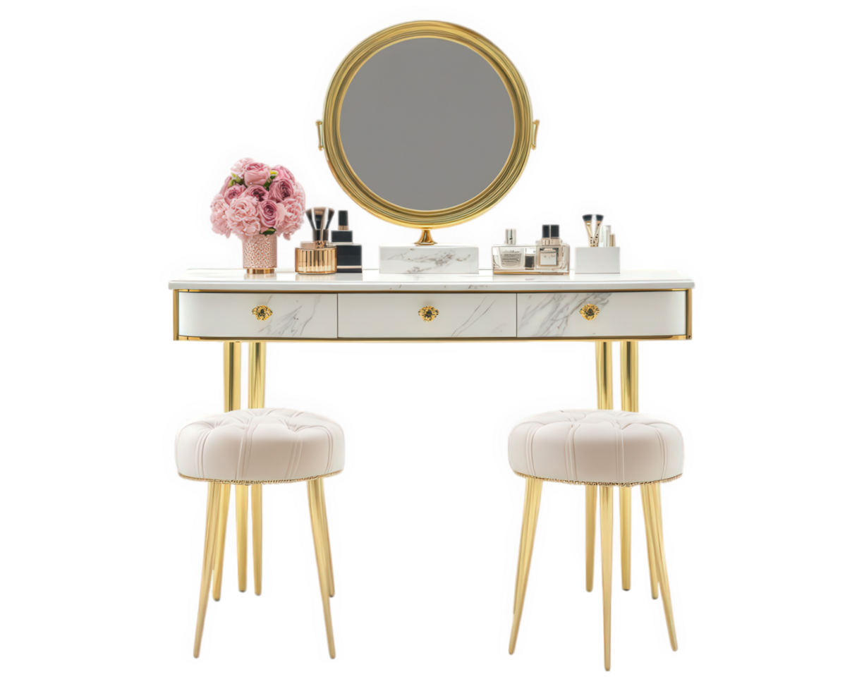 A vanity table with two stools and a mirror png