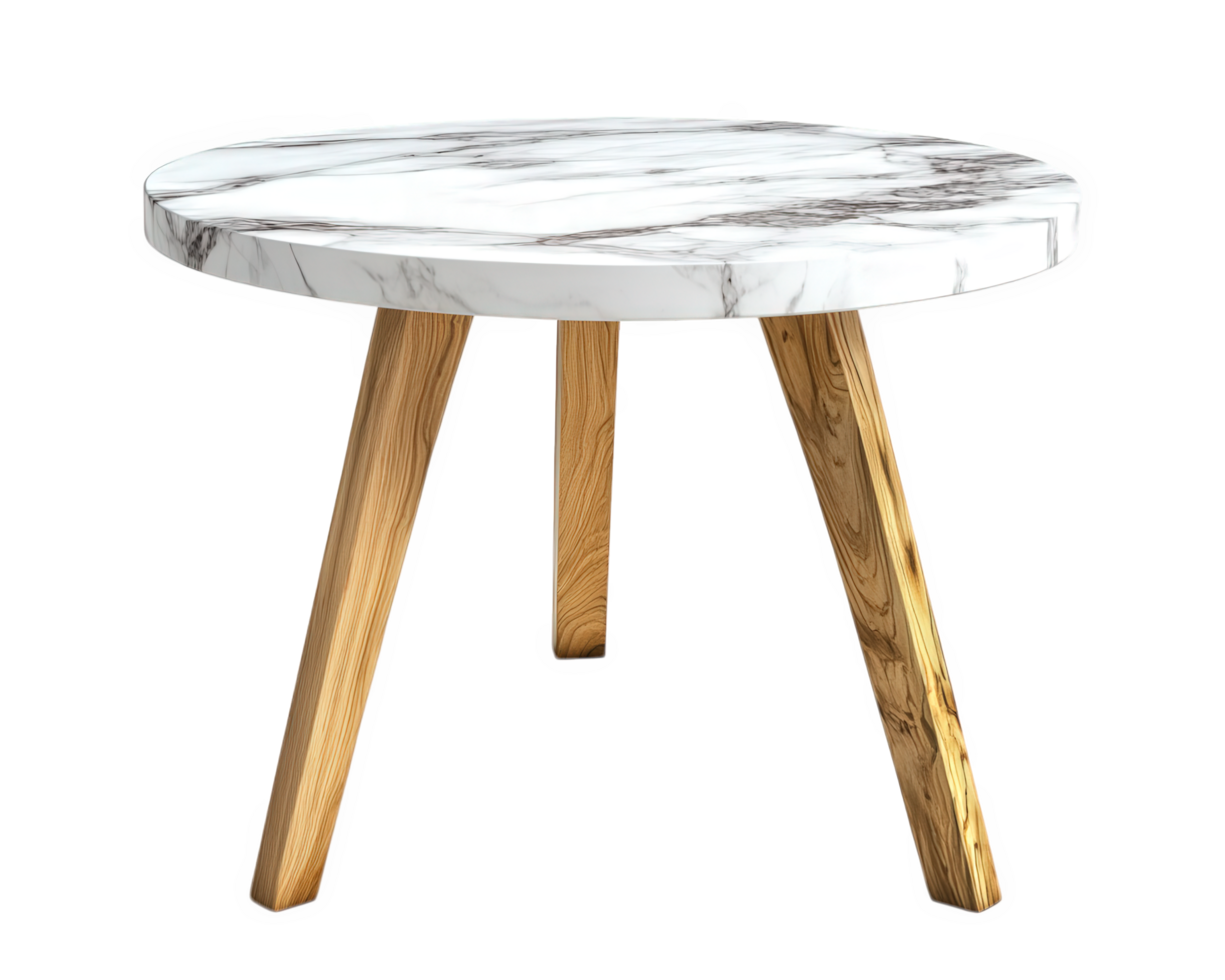 A marble table with wooden legs and a white marble top png