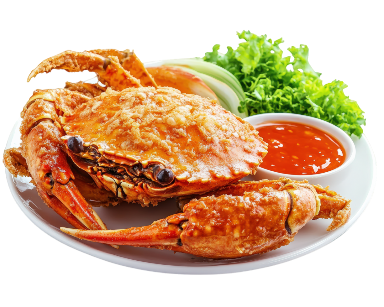A large crab with sauce and lettuce on a plate png