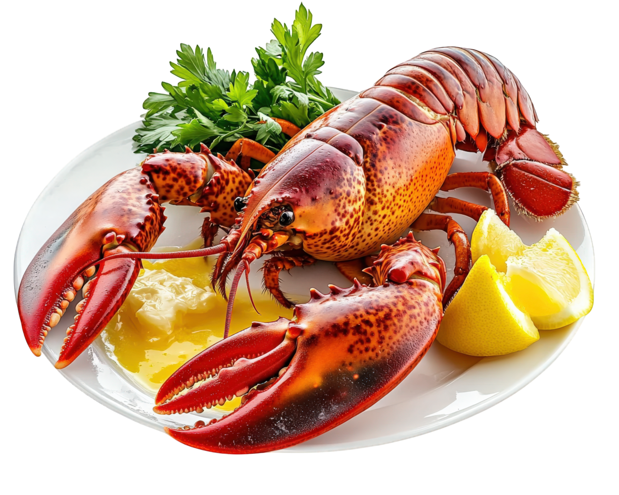 A lobster is sitting on a plate with lemon slices png