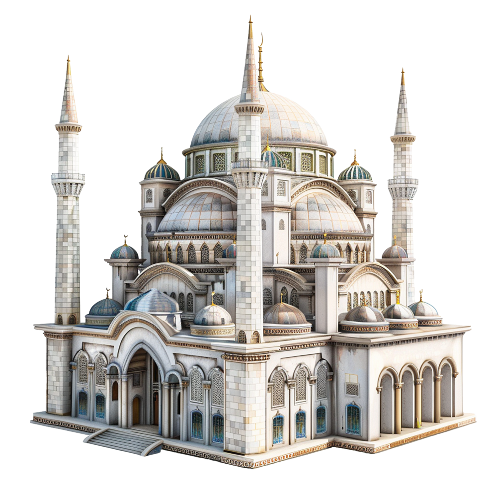 A Architectural Render of a Grand Mosque with Multiple Domes and Minarets png