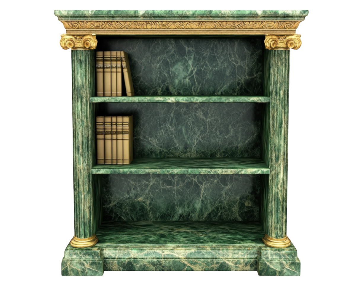A green marble bookcase with gold trim png