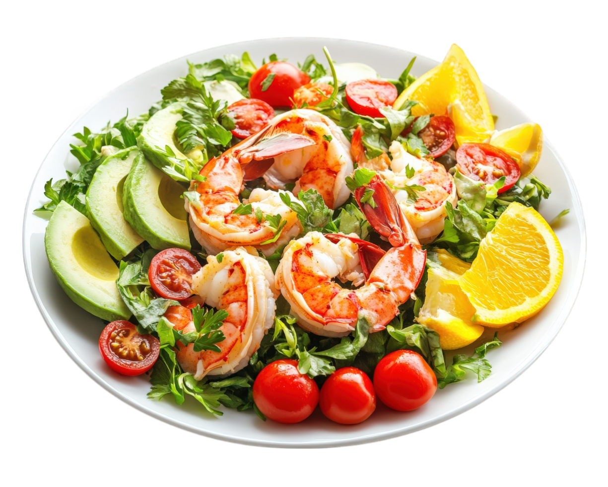 A plate of shrimp, tomatoes, avocado and other vegetables png