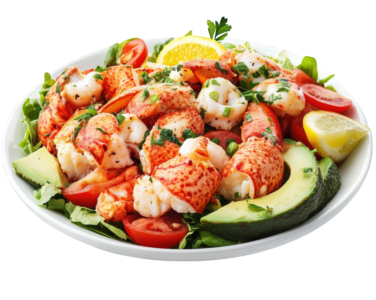 A plate of lobster salad with tomatoes, avocado and lemon png