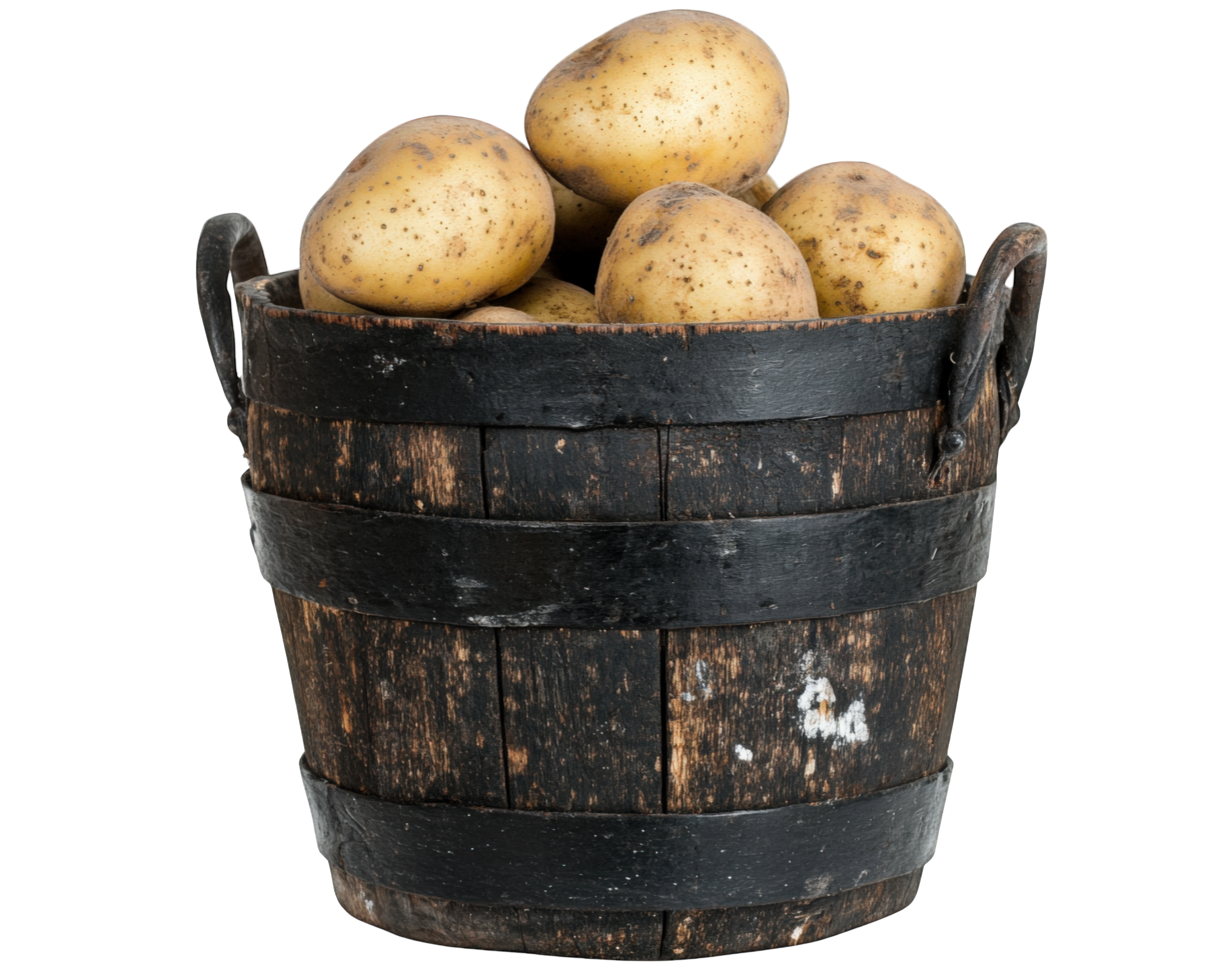 Potatoes in a wooden bucket on a black background png
