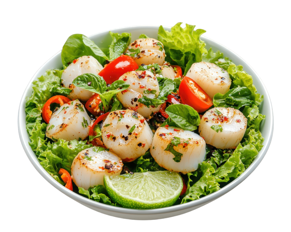 A salad with scallops and tomatoes in a bowl png
