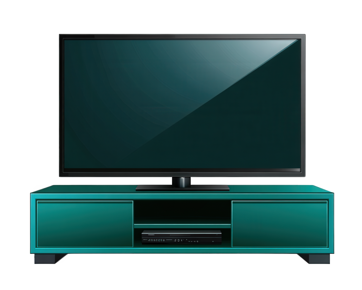A green television stand with a flat screen png