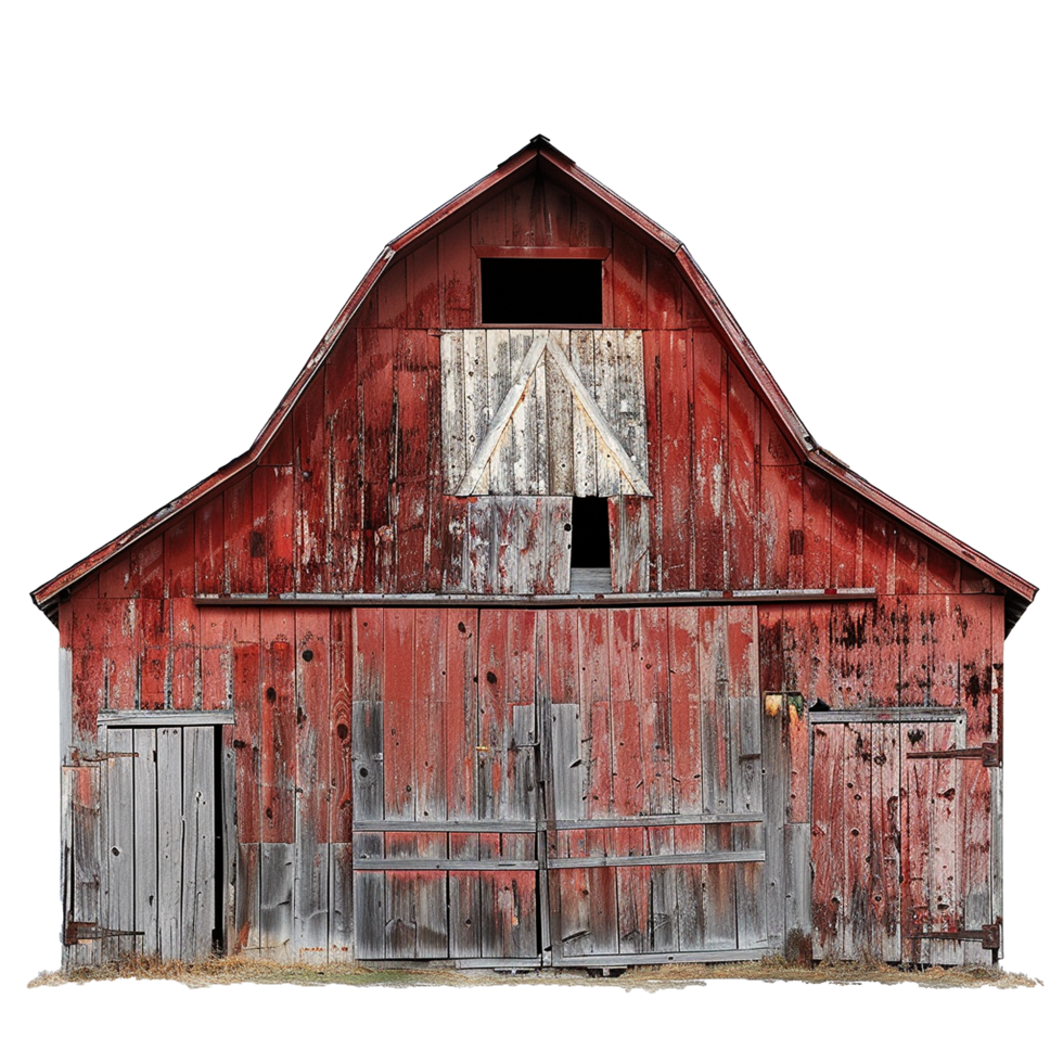 A weathered red barn with rustic charm and aged wood features png