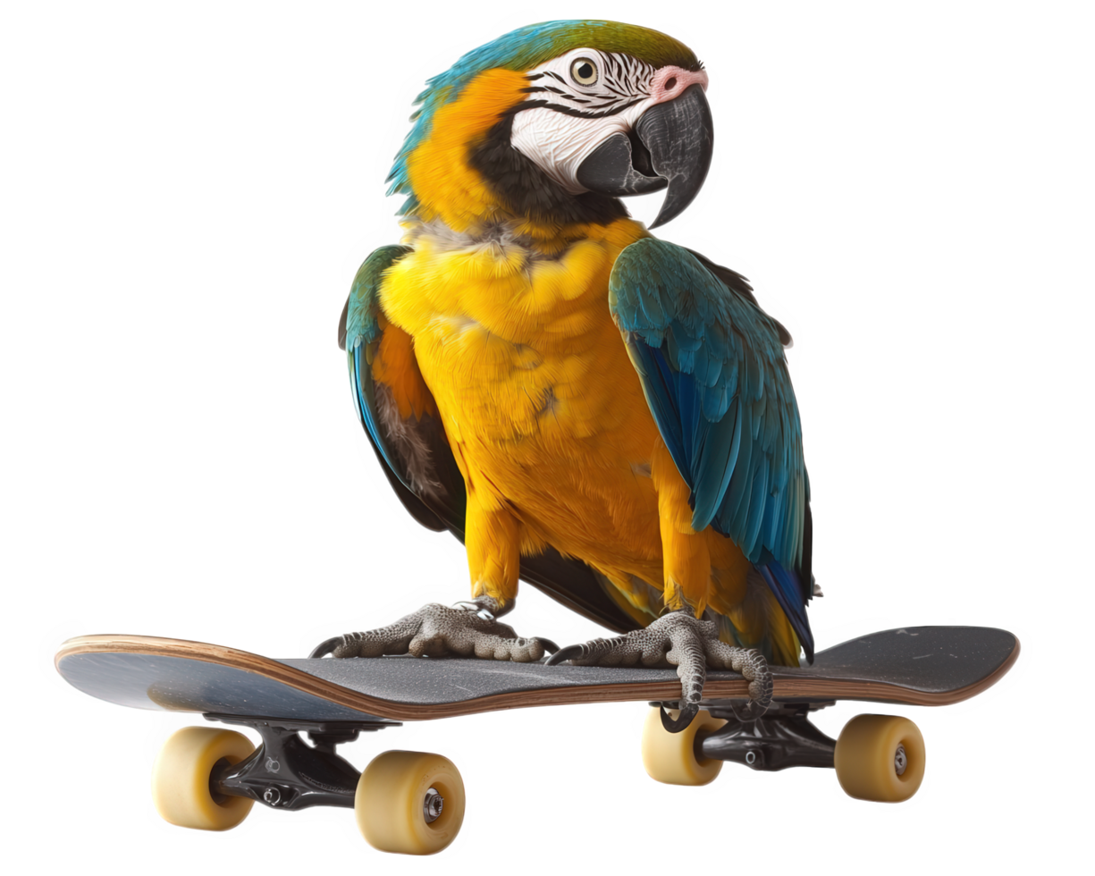 A parrot sitting on top of a skateboard png