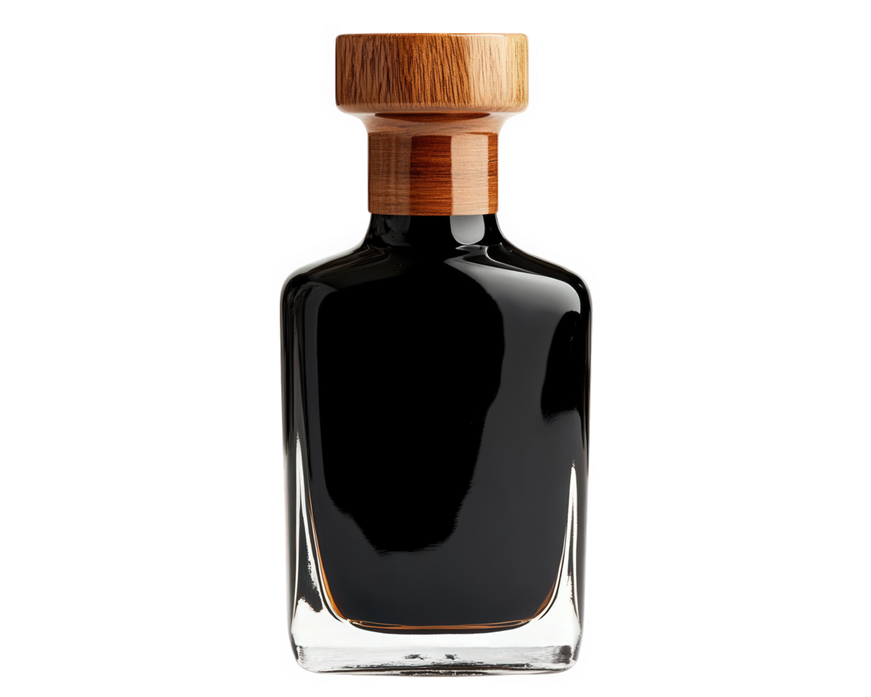 A bottle of black liquid with a wooden cap png